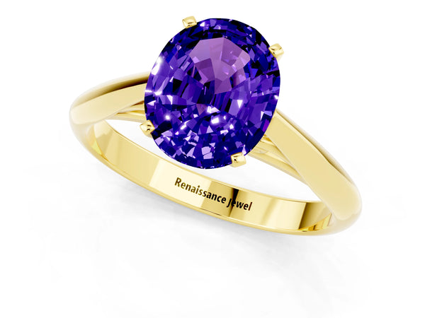 Yellow gold Oval Cut Tanzanite Solitaire Engagement Ring with Cathedral Setting and Four-Prong Mount