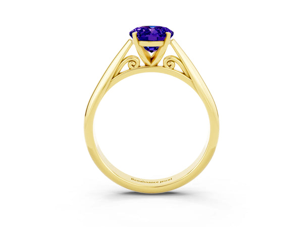 Yellow gold Oval Cut Tanzanite Solitaire Engagement Ring with Cathedral Setting and Four-Prong Mount