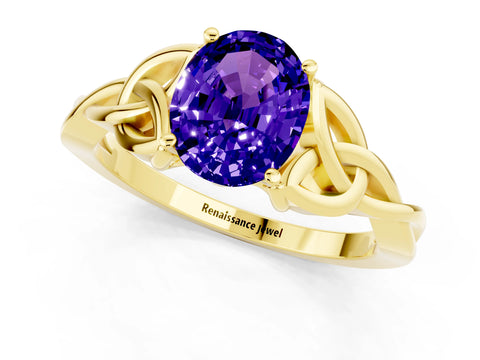 Yellow gold Oval Cut Tanzanite Solitaire Engagement Ring with Celtic Knot Band and Four-Prong Setting_1