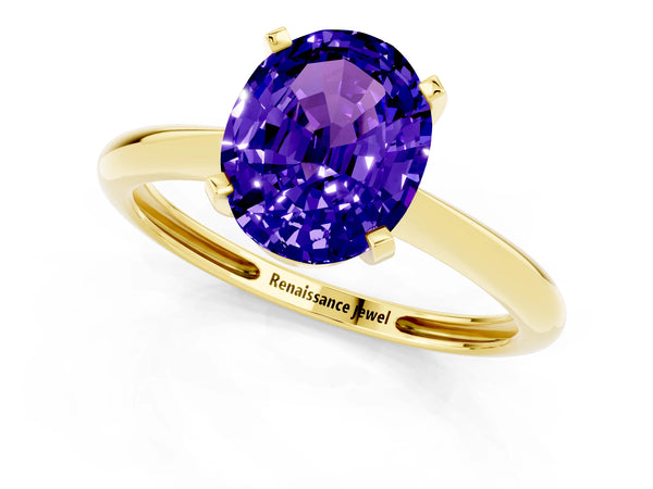 Yellow gold Oval Cut Tanzanite Solitaire Engagement Ring with Classic Band and Four-Prong Setting