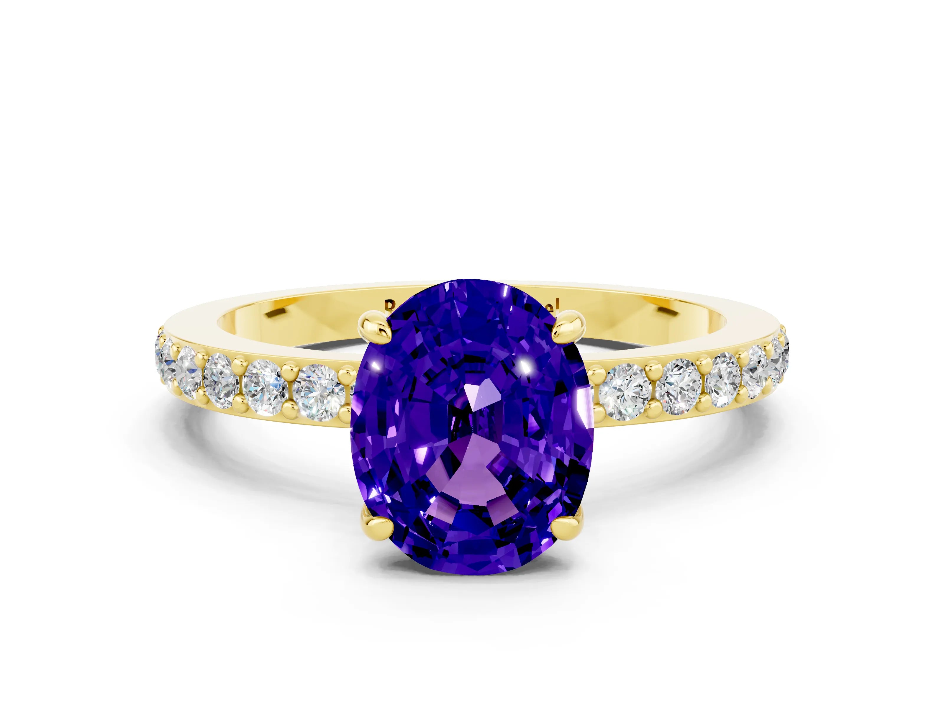 Yellow gold Oval Cut Tanzanite Solitaire Engagement Ring with Pavé Band and Four-Prong Setting