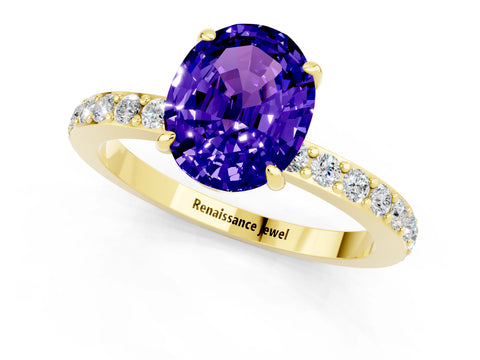 Yellow gold Oval Cut Tanzanite Solitaire Engagement Ring with Pavé Band and Four-Prong Setting_1