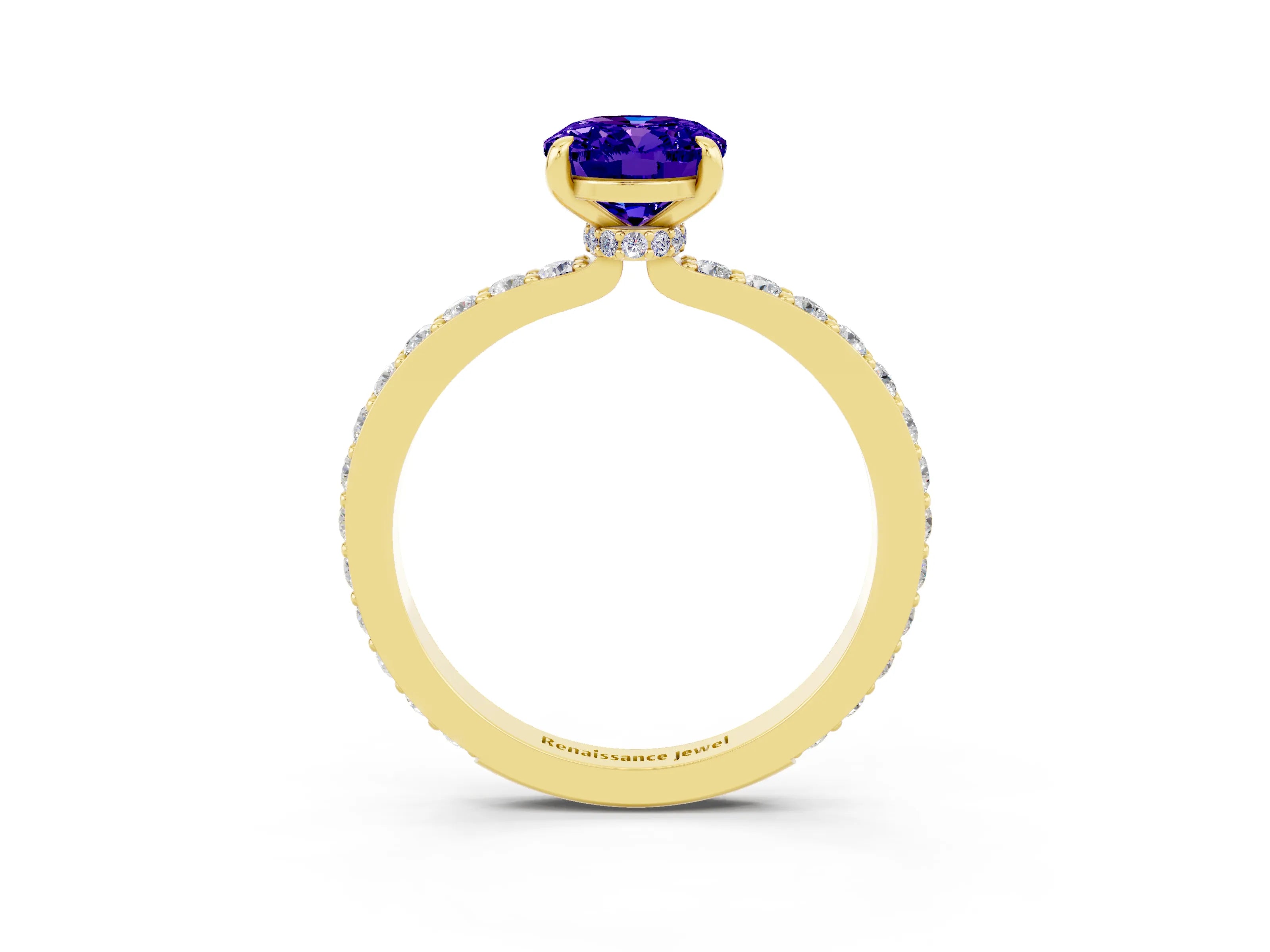 Yellow gold Oval Cut Tanzanite Solitaire Engagement Ring with Pavé Band and Four-Prong Setting_3