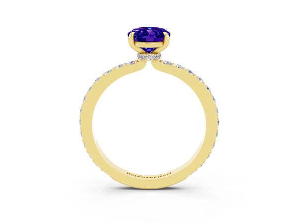 Yellow gold Oval Cut Tanzanite Solitaire Engagement Ring with Pavé Band and Four-Prong Setting