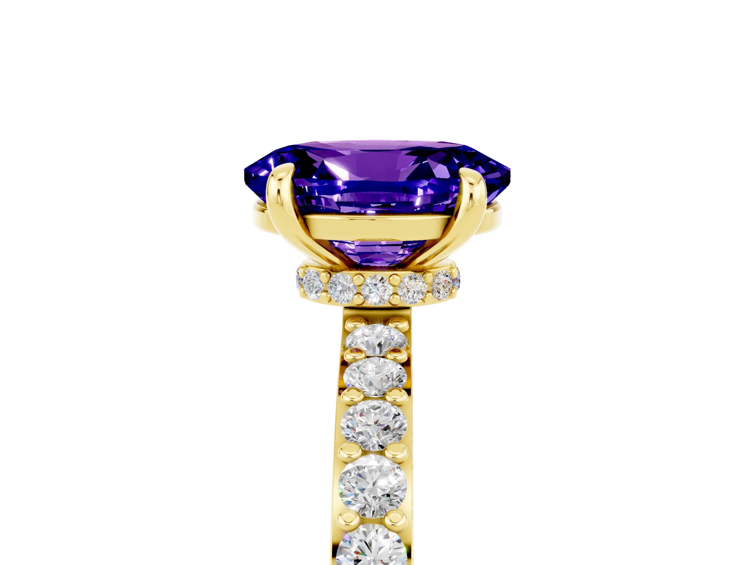 Yellow gold Oval Cut Tanzanite Solitaire Engagement Ring with Pavé Band and Four-Prong Setting_5