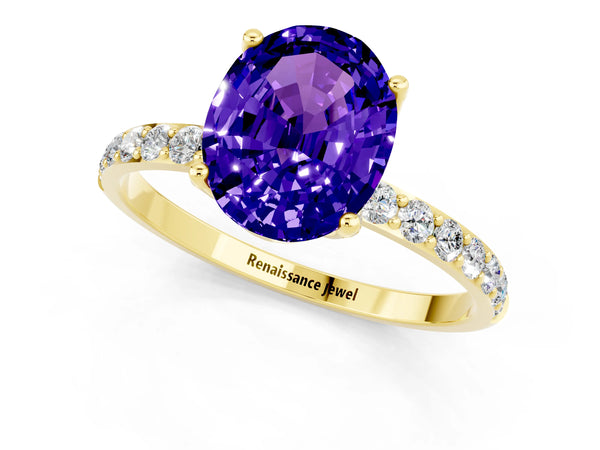 Yellow gold Oval Cut Tanzanite Solitaire Engagement Ring with Round  Pavé Band and Prong Setting