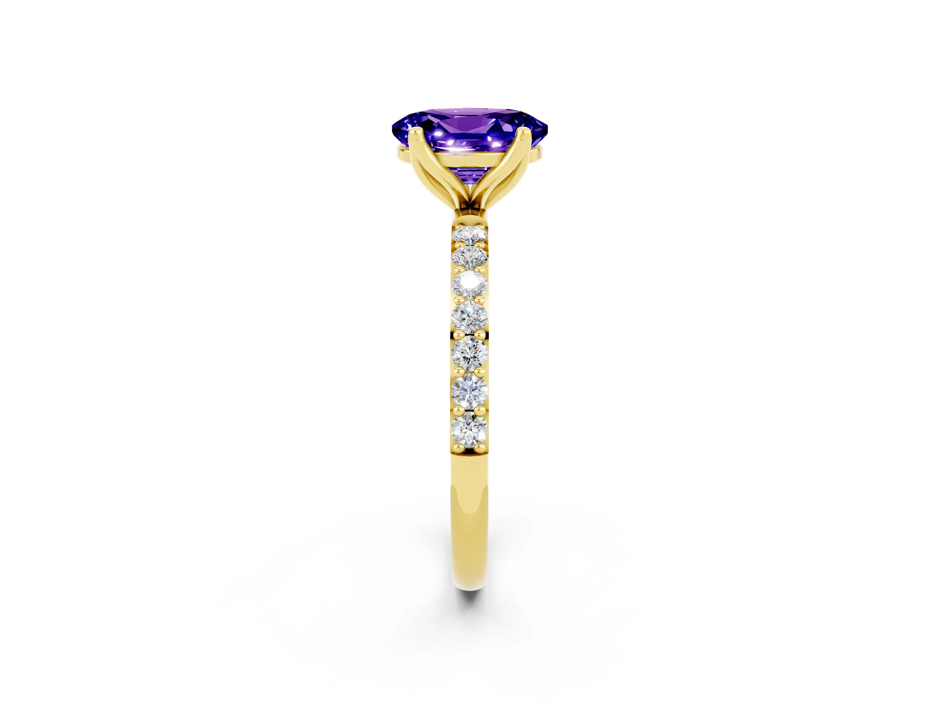Yellow gold Oval Cut Tanzanite Solitaire Engagement Ring with Pavé Band and Prong Setting_2