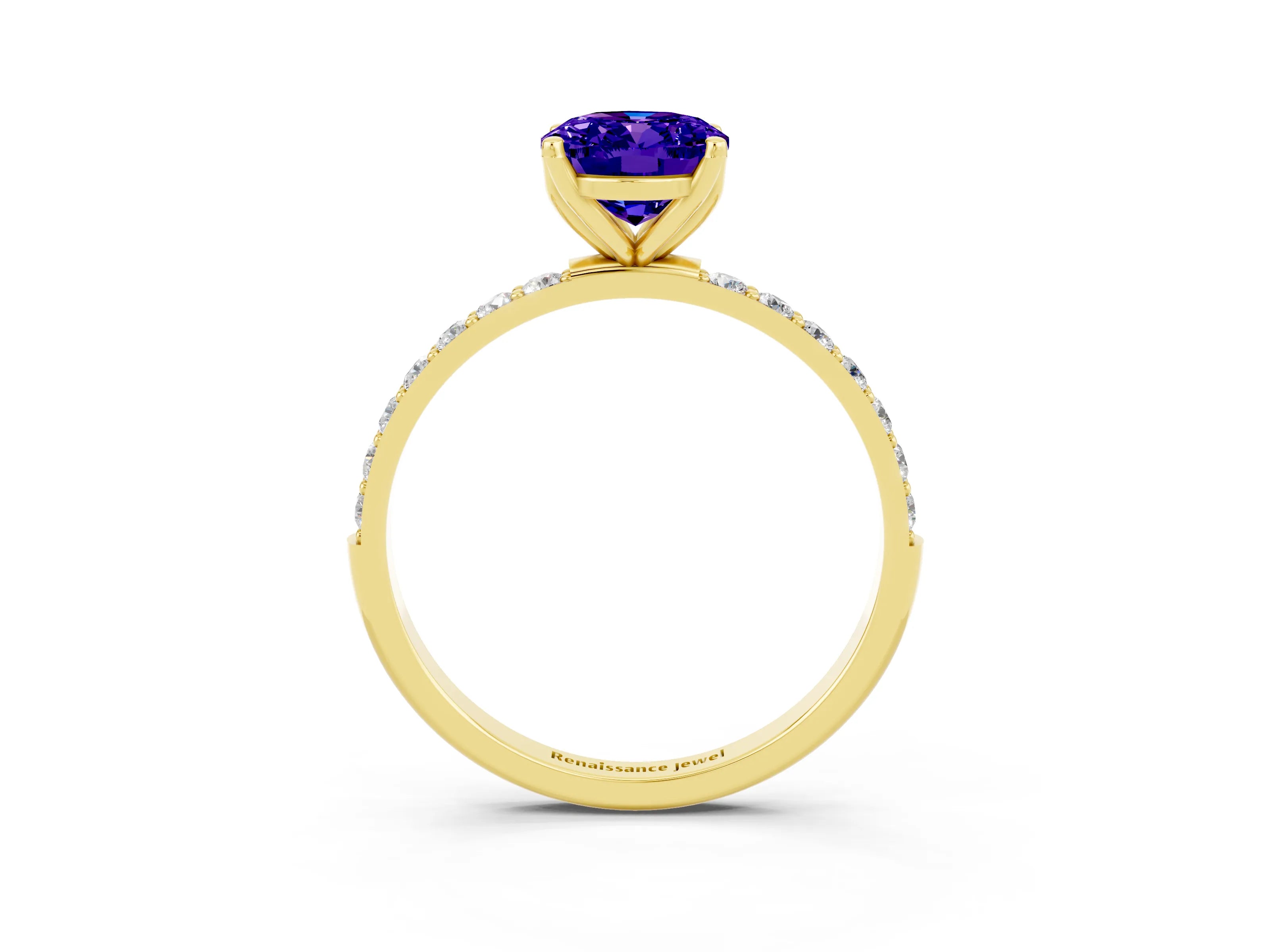 Yellow gold Oval Cut Tanzanite Solitaire Engagement Ring with Pavé Band and Prong Setting_3