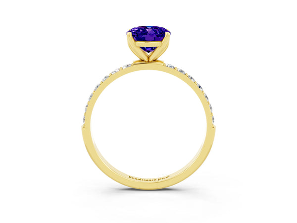 Yellow gold Oval Cut Tanzanite Solitaire Engagement Ring with Round  Pavé Band and Prong Setting