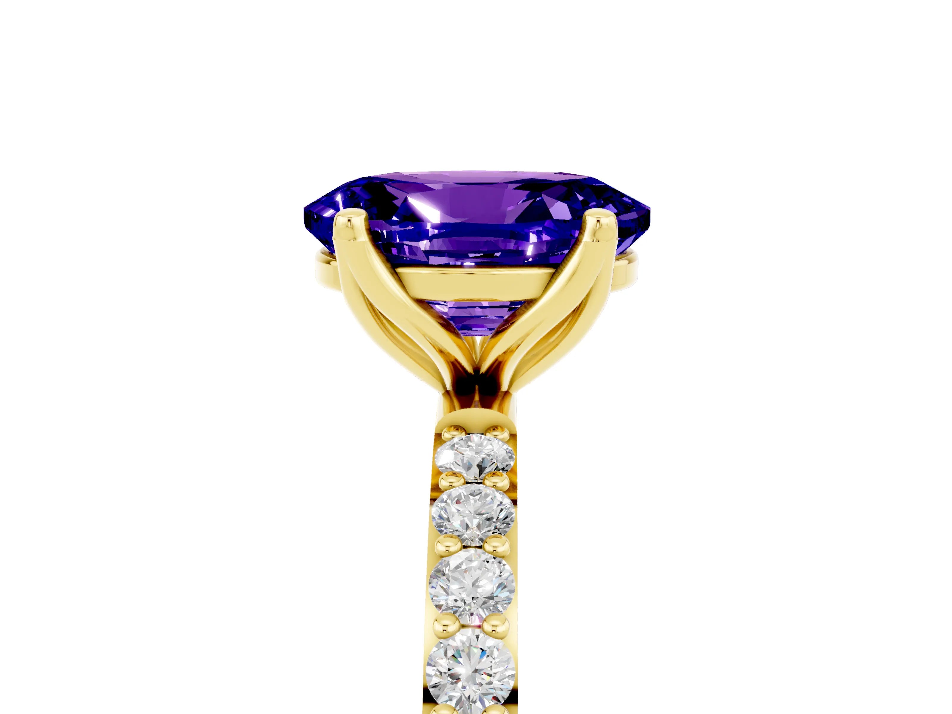 Yellow gold Oval Cut Tanzanite Solitaire Engagement Ring with Pavé Band and Prong Setting_5
