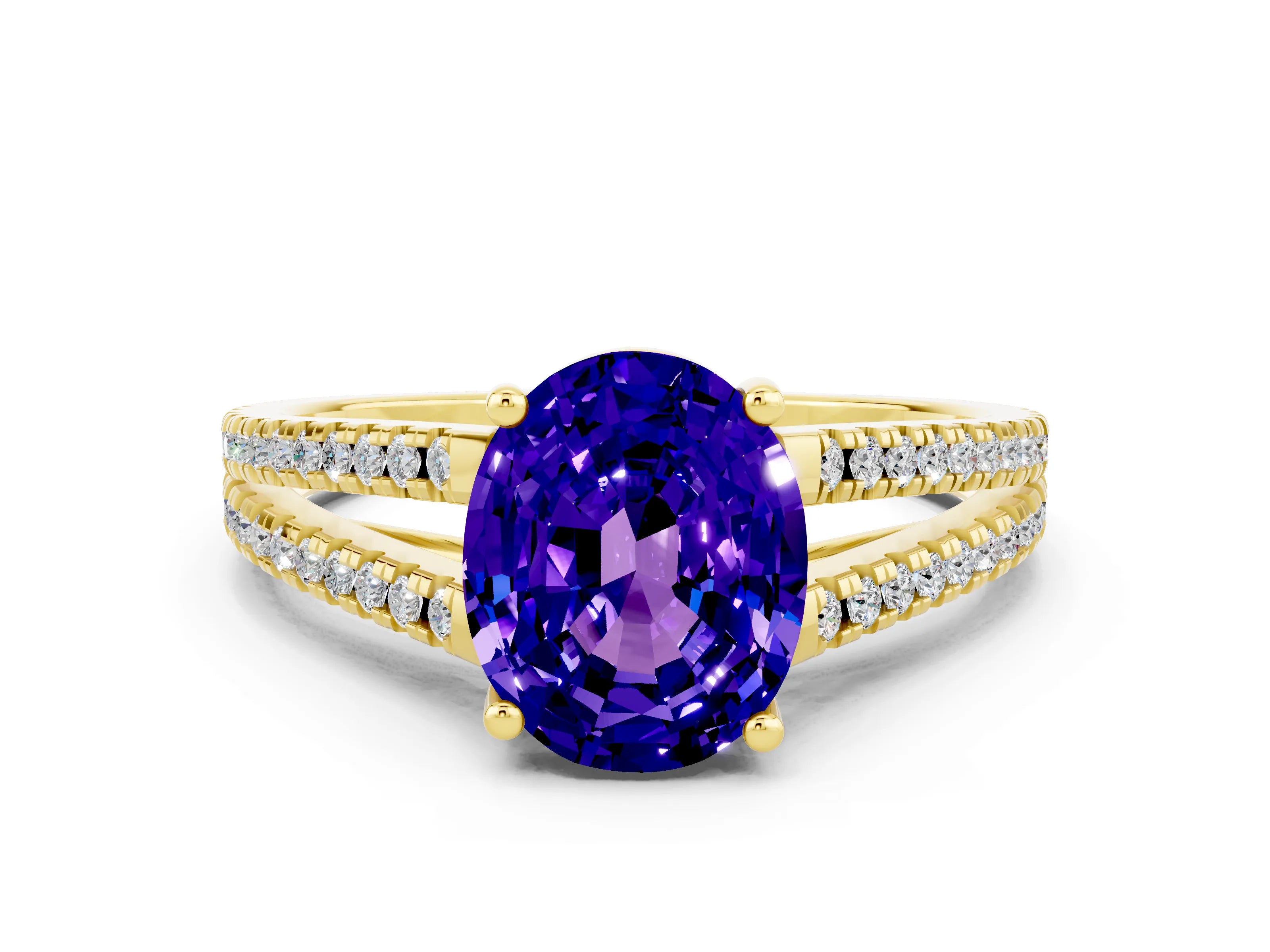 Yellow gold Oval Cut Tanzanite Solitaire Engagement Ring with Split Shank Pavé Band