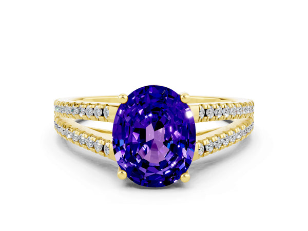 Yellow gold Oval Cut Tanzanite Solitaire Engagement Ring with Split Shank Pavé Band
