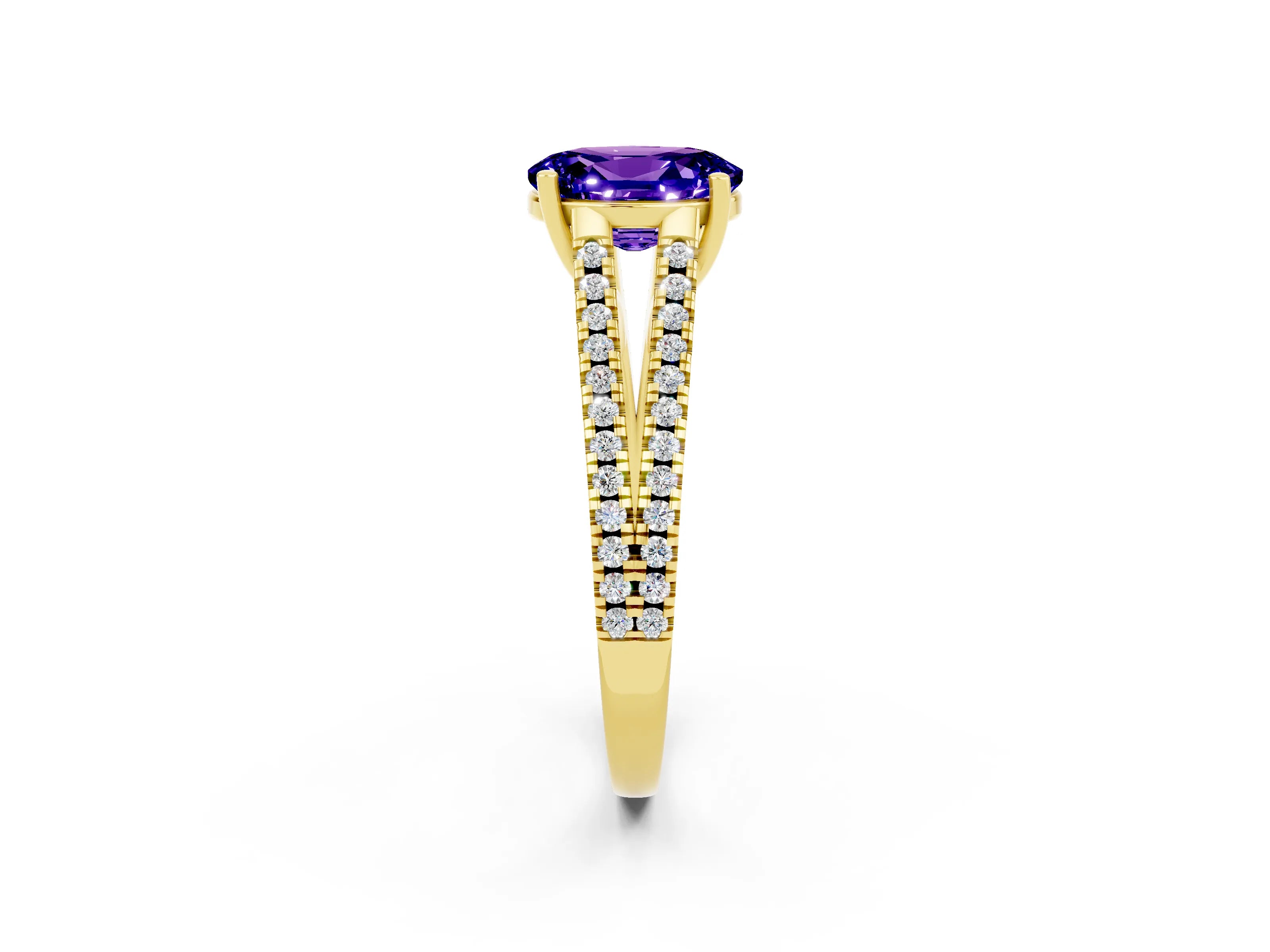 Yellow gold Oval Cut Tanzanite Solitaire Engagement Ring with Split Shank Pavé Band_2