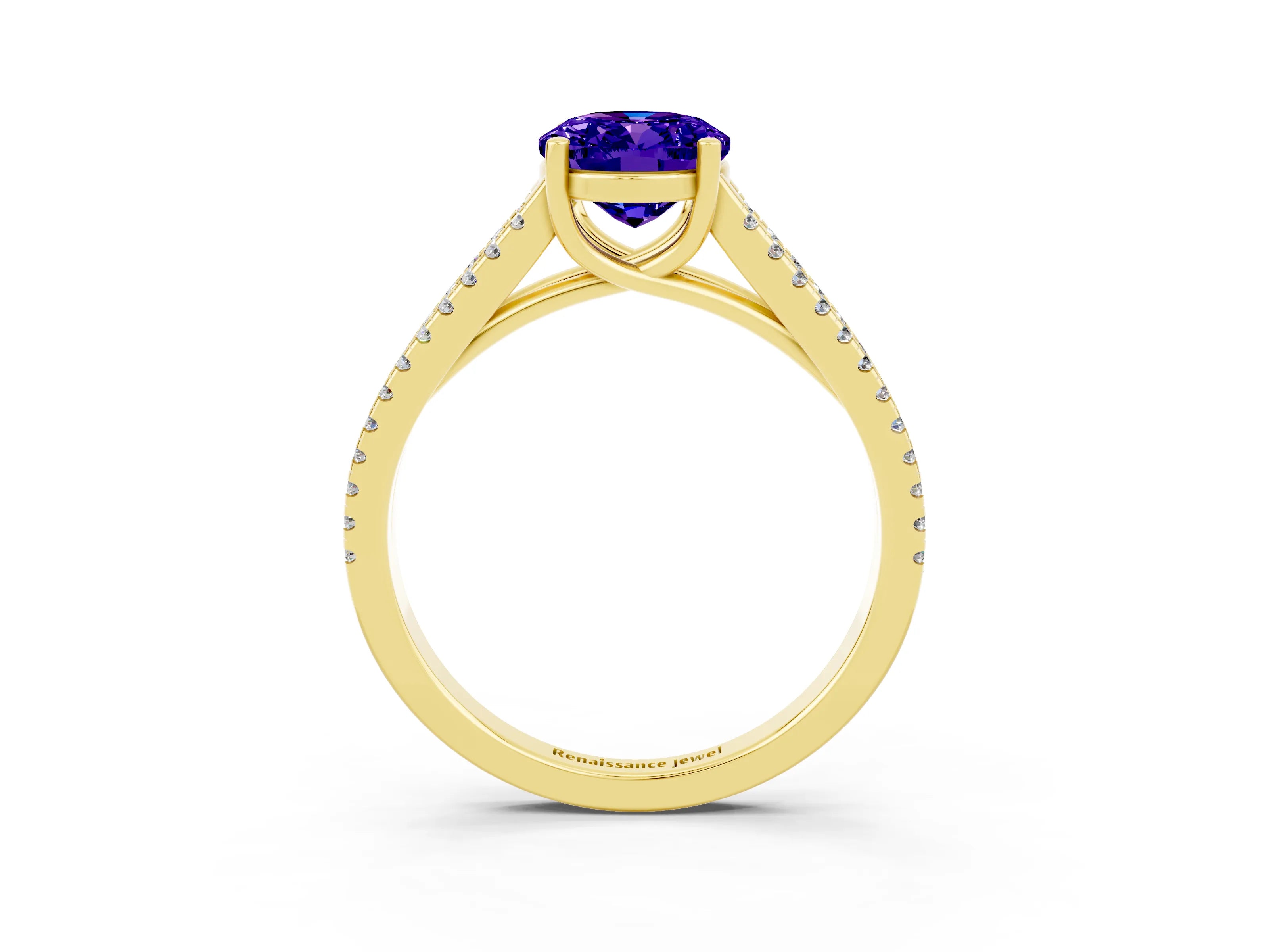 Yellow gold Oval Cut Tanzanite Solitaire Engagement Ring with Split Shank Pavé Band_3