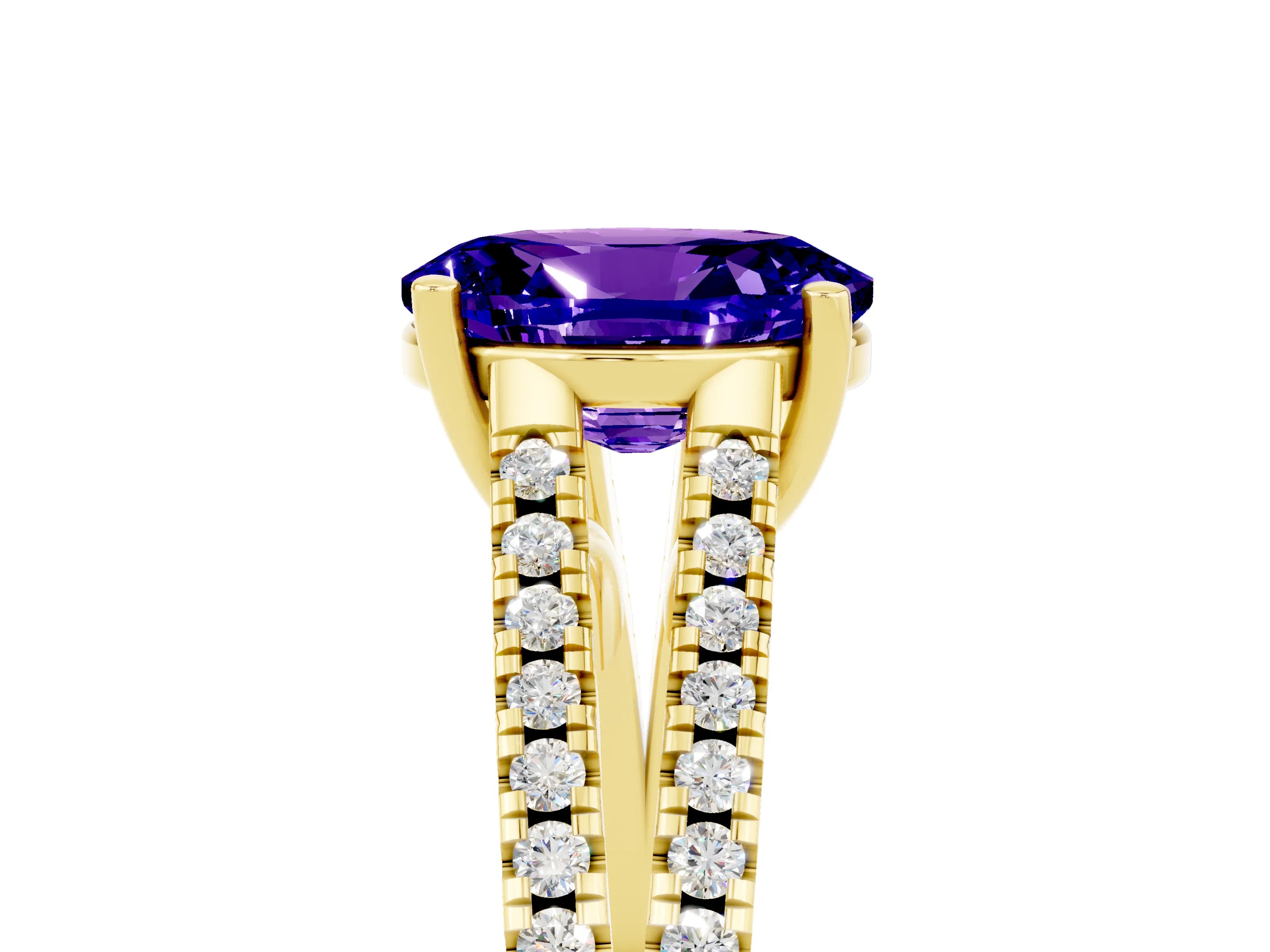 Yellow gold Oval Cut Tanzanite Solitaire Engagement Ring with Split Shank Pavé Band_5