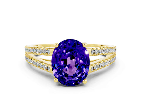 Yellow gold Oval Cut Tanzanite Solitaire Engagement Ring with Split Shank Pavé Band