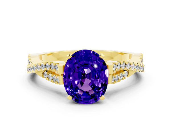 Yellow gold Oval Cut Tanzanite Solitaire Engagement Ring with Twisted Pavé Band and Four-Prong Setting