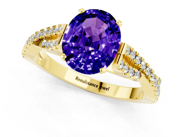 Yellow gold Oval Cut Tanzanite Solitaire Engagement Ring with Twisted Pavé Band and Four-Prong Setting