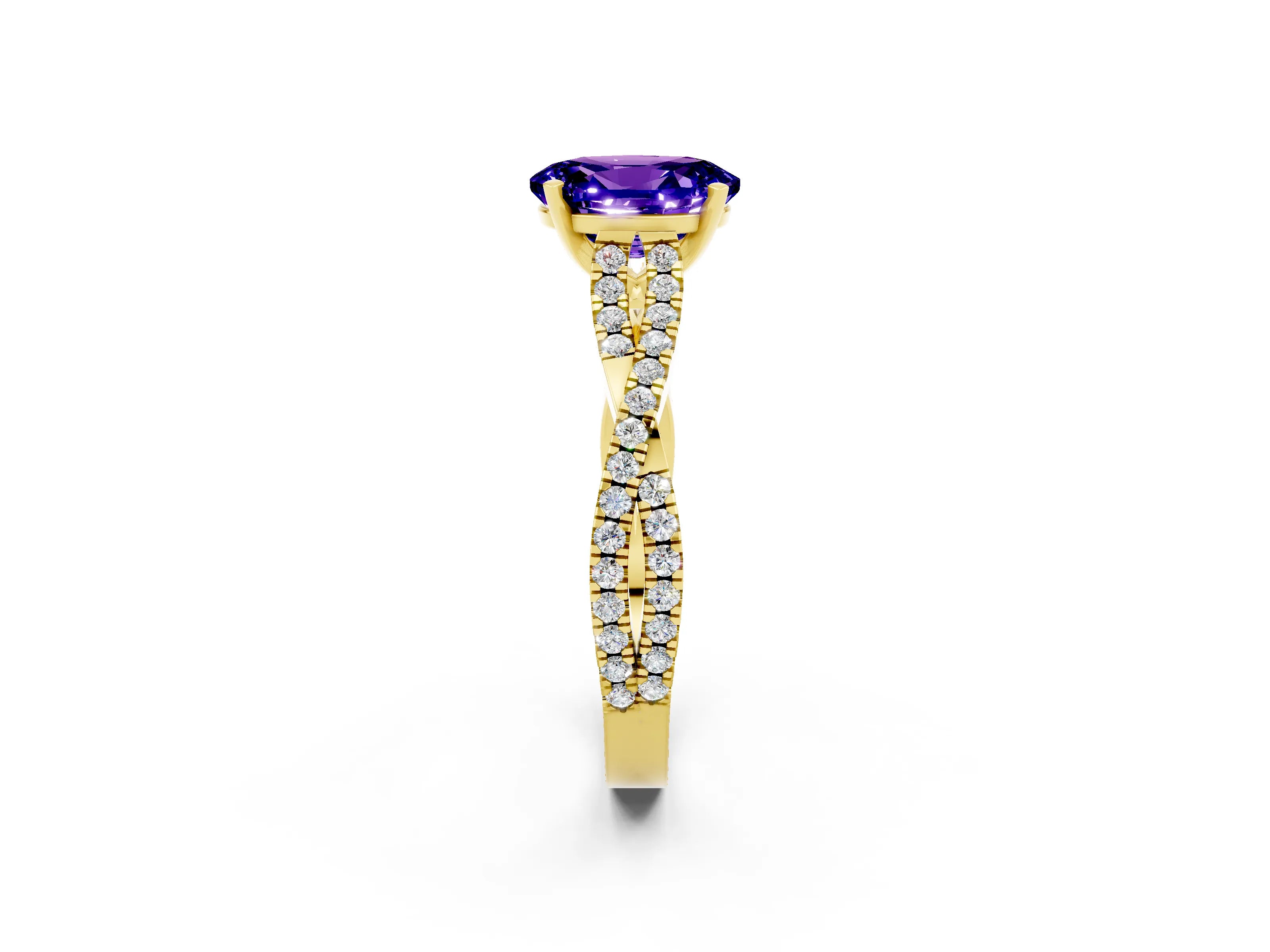 Yellow gold Oval Cut Tanzanite Solitaire Engagement Ring with Twisted Pavé Band and Four-Prong Setting_2