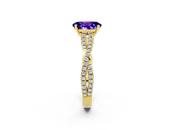 Yellow gold Oval Cut Tanzanite Solitaire Engagement Ring with Twisted Pavé Band and Four-Prong Setting