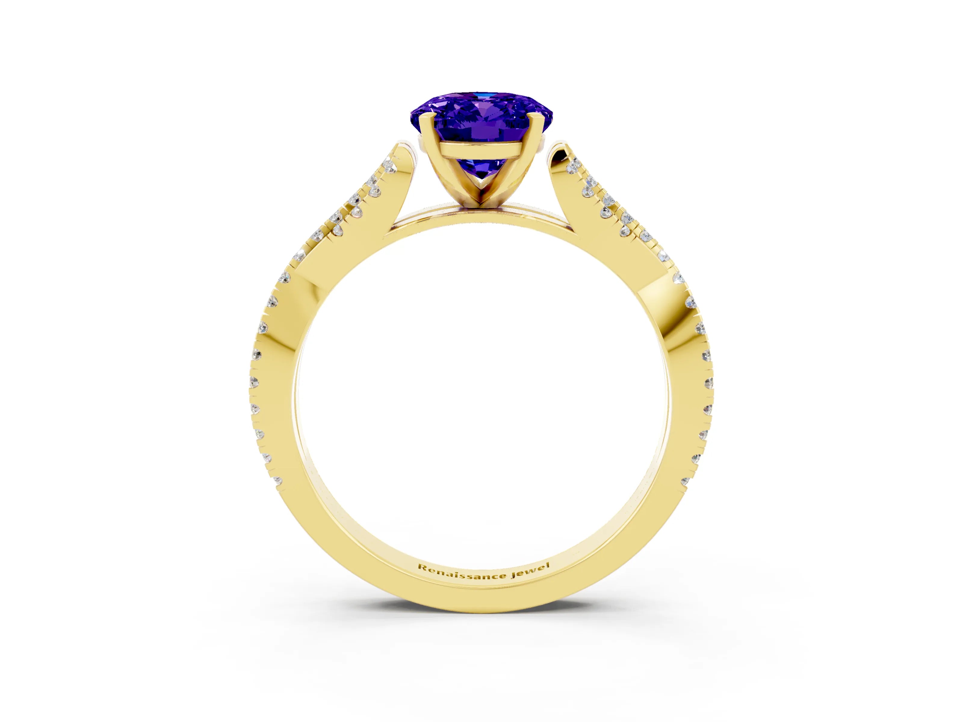 Yellow gold Oval Cut Tanzanite Solitaire Engagement Ring with Twisted Pavé Band and Four-Prong Setting_3