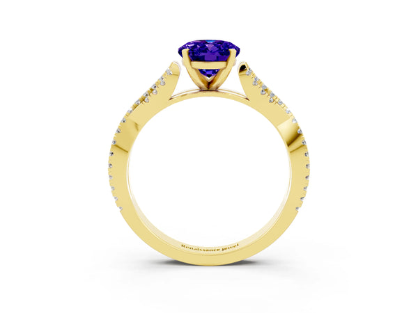 Yellow gold Oval Cut Tanzanite Solitaire Engagement Ring with Twisted Pavé Band and Four-Prong Setting