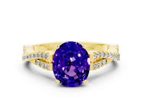 Yellow gold Oval Cut Tanzanite Solitaire Engagement Ring with Twisted Pavé Band and Four-Prong Setting