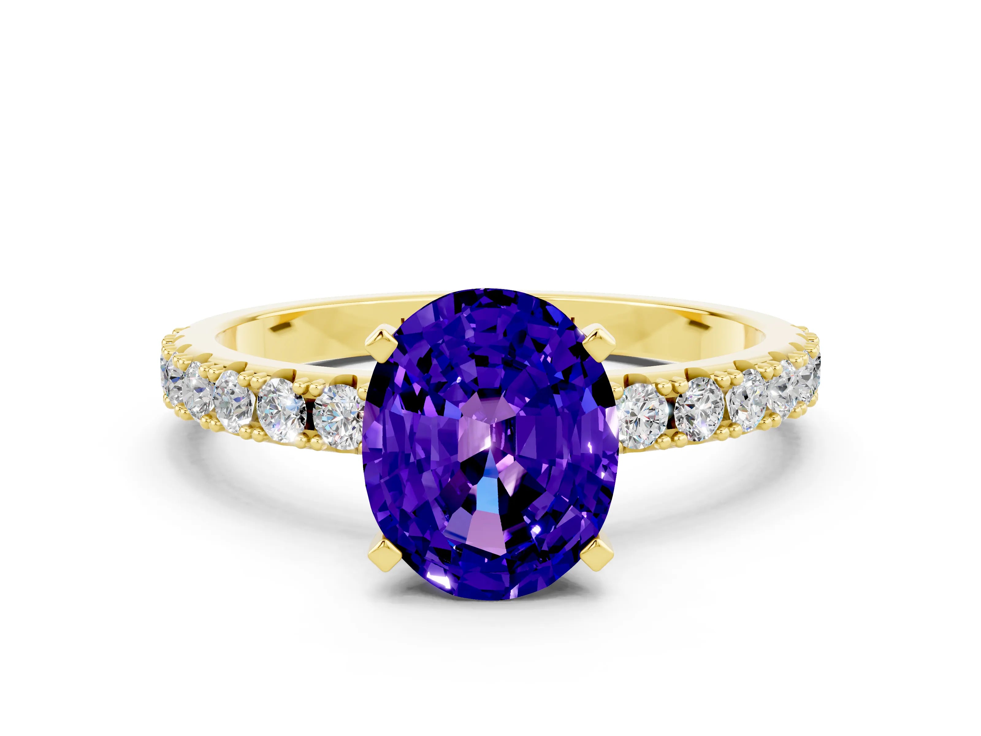 Yellow gold Oval Cut Tanzanite Solitaire Pavé Band with Four-Prong Setting