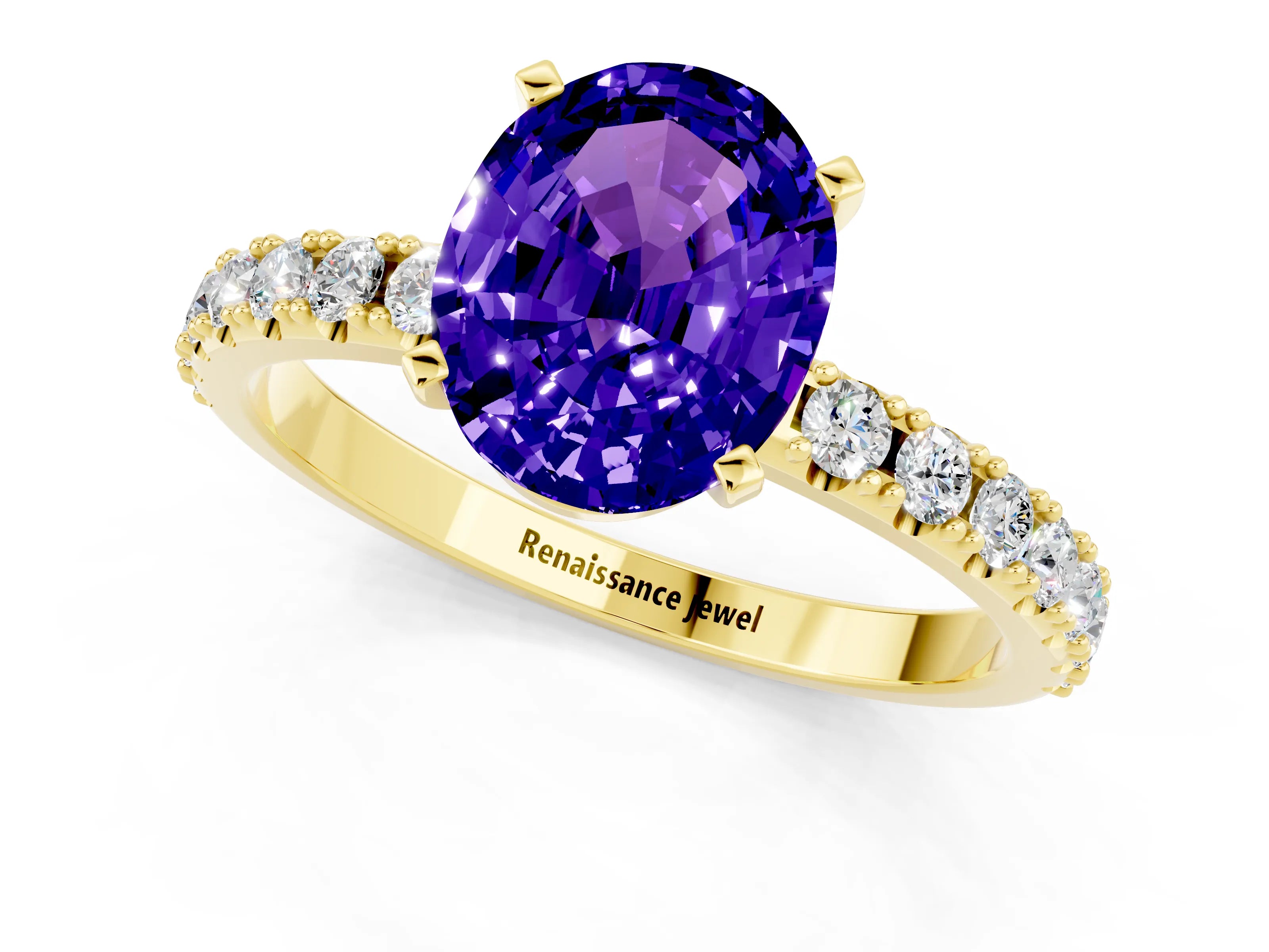 Yellow gold Oval Cut Tanzanite Solitaire Pavé Band with Four-Prong Setting_1