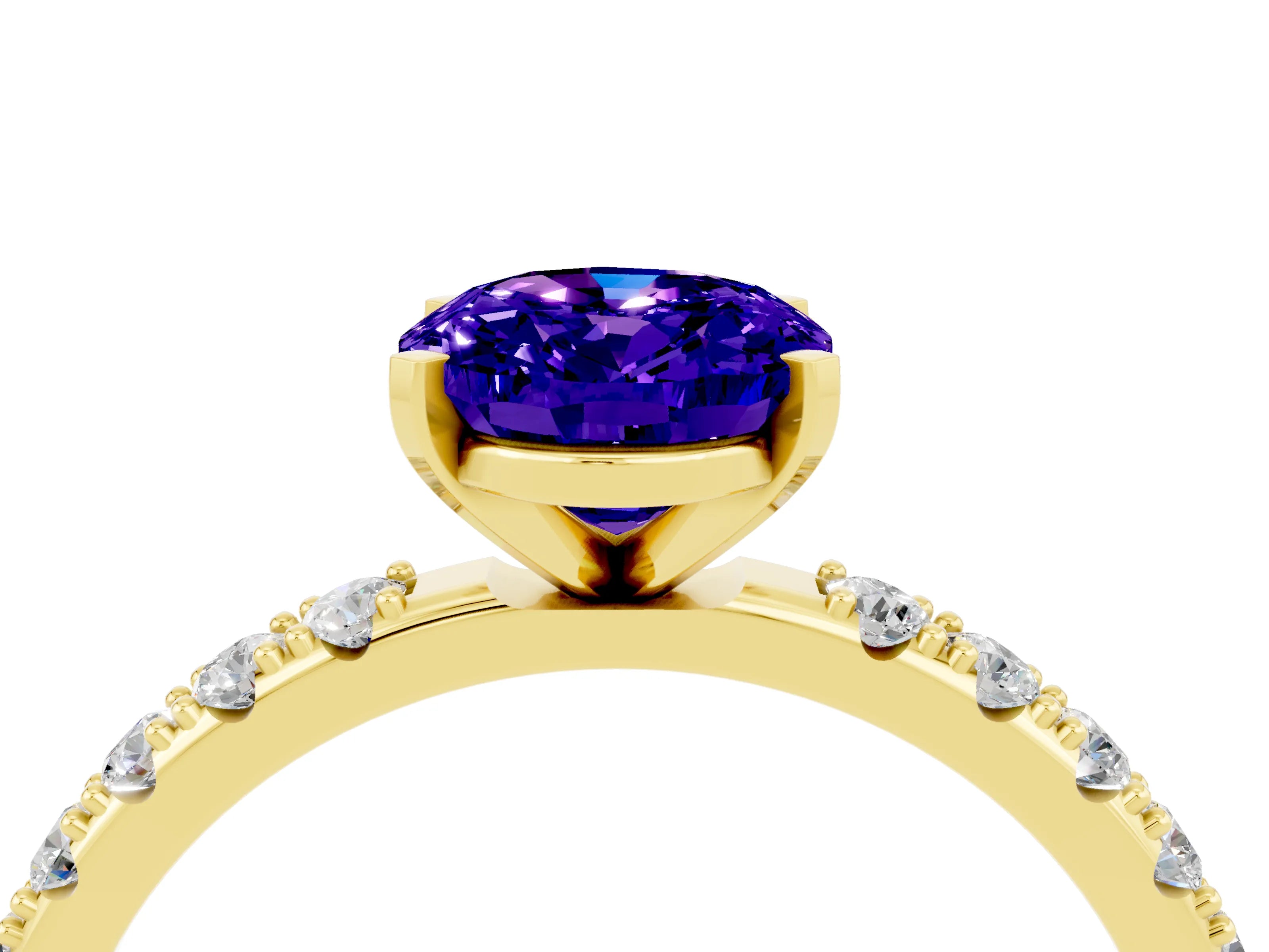 Yellow gold Oval Cut Tanzanite Solitaire Pavé Band with Four-Prong Setting_4