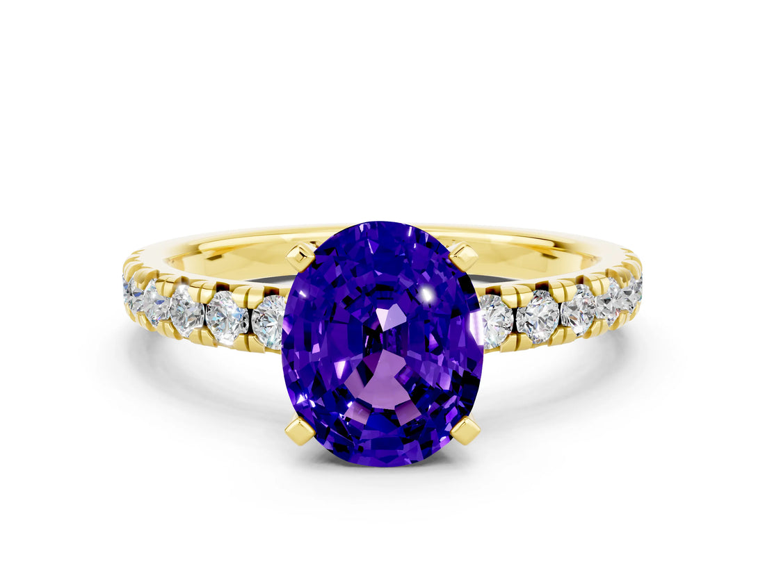 Yellow gold Oval Cut Tanzanite Solitaire Pavé Engagement Ring with Round Band and Prong Setting_66