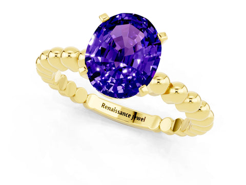 Yellow gold Oval Cut Tanzanite Solitaire Ring with Beaded Band and Prong Setting_1
