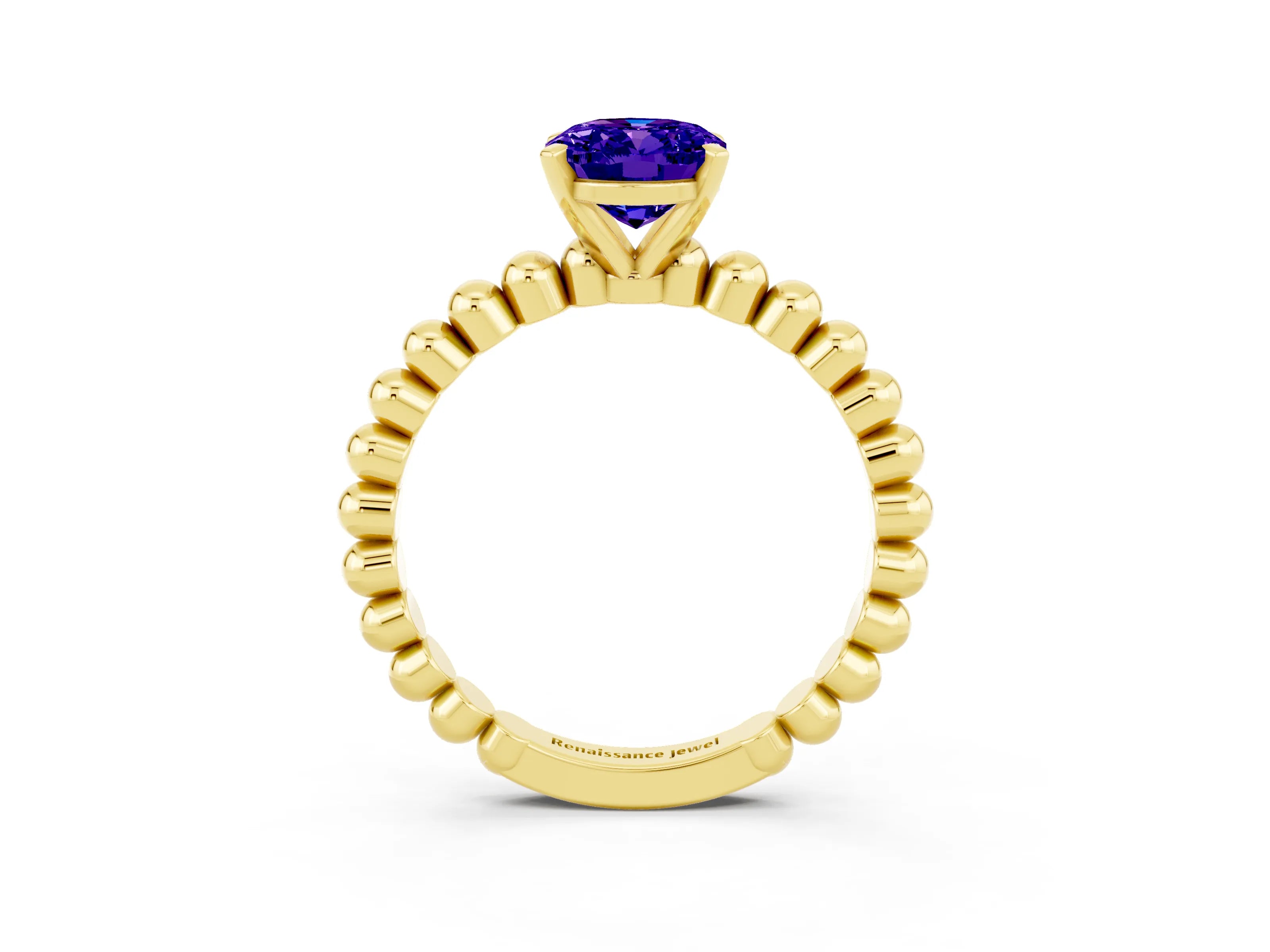 Yellow gold Oval Cut Tanzanite Solitaire Ring with Beaded Band and Prong Setting_3