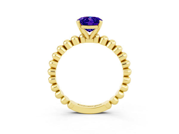 Yellow gold Oval Cut Tanzanite Solitaire Ring with Beaded Band and Prong Setting