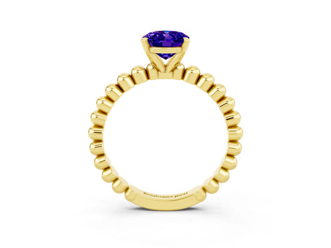 Yellow gold Oval Cut Tanzanite Solitaire Ring with Beaded Band and Prong Setting_3