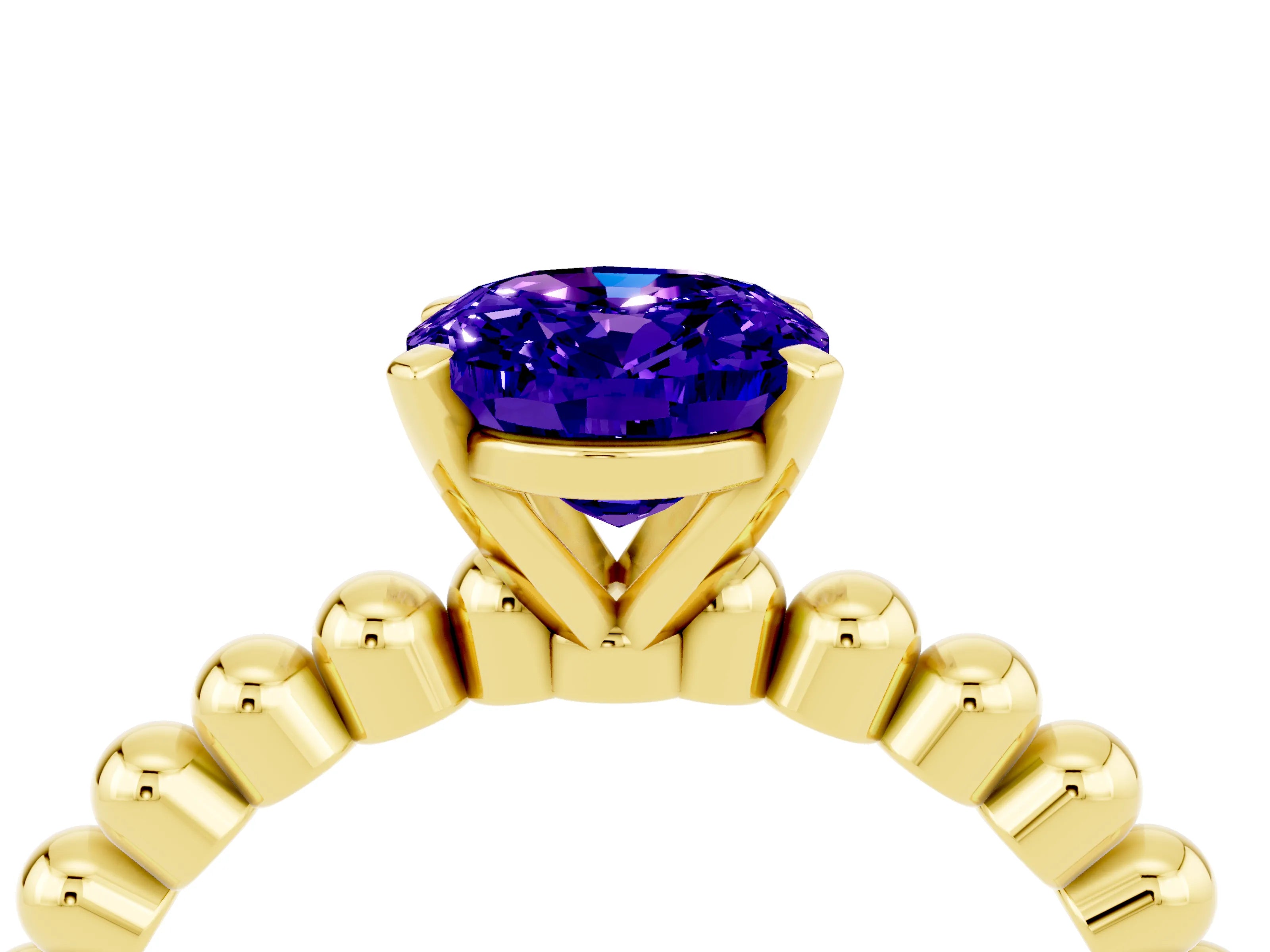 Yellow gold Oval Cut Tanzanite Solitaire Ring with Beaded Band and Prong Setting_4