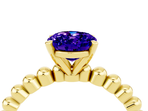 Yellow gold Oval Cut Tanzanite Solitaire Ring with Beaded Band and Prong Setting_4