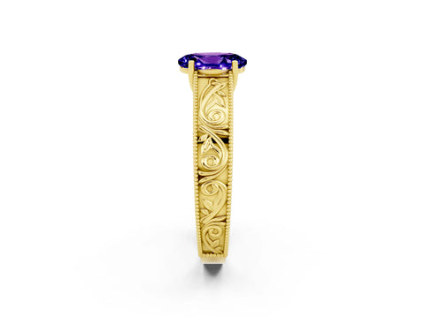 Yellow gold Oval Cut Tanzanite Solitaire Ring with Engraved Band and Four-Prong Setting_2