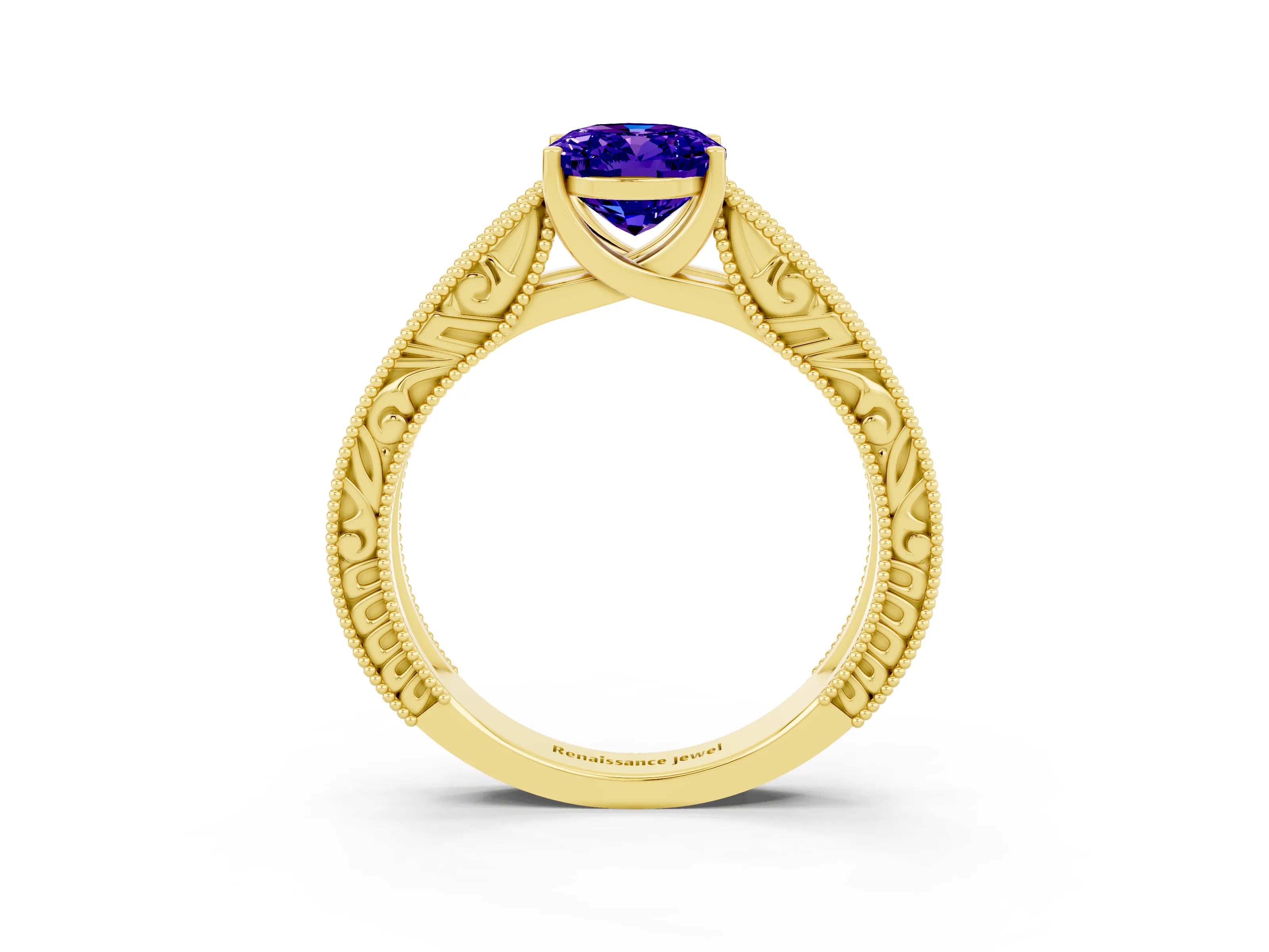 Yellow gold Oval Cut Tanzanite Solitaire Ring with Engraved Band and Four-Prong Setting_3