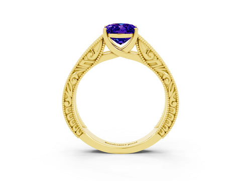 Yellow gold Oval Cut Tanzanite Solitaire Ring with Engraved Band and Four-Prong Setting_3