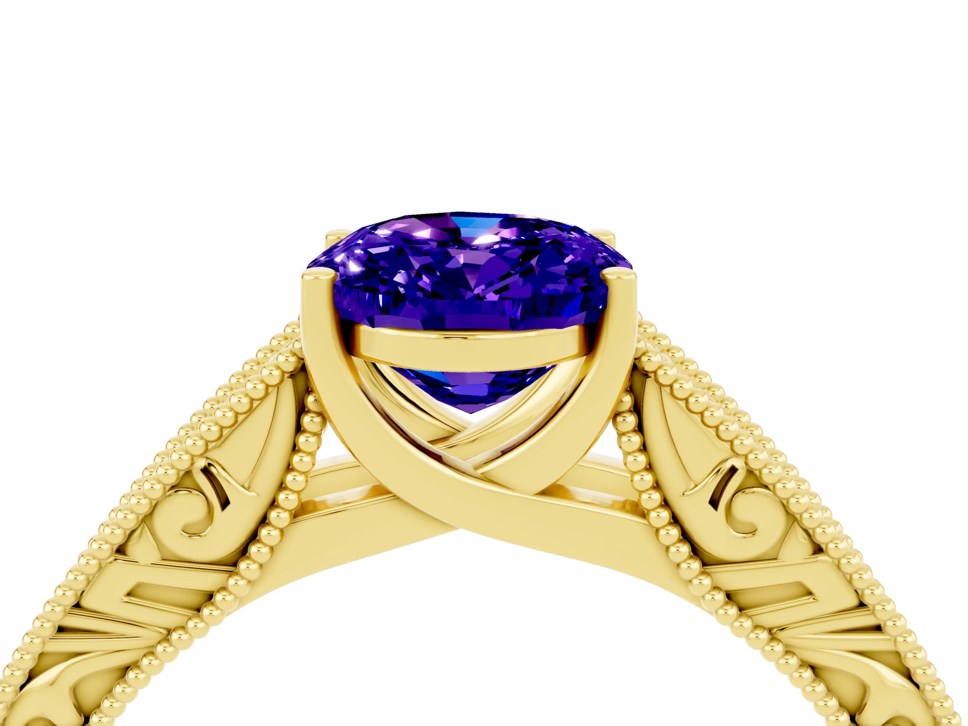 Yellow gold Oval Cut Tanzanite Solitaire Ring with Engraved Band and Four-Prong Setting_4