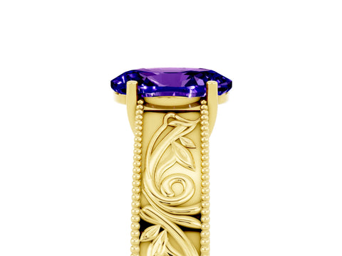 Yellow gold Oval Cut Tanzanite Solitaire Ring with Engraved Band and Four-Prong Setting_5