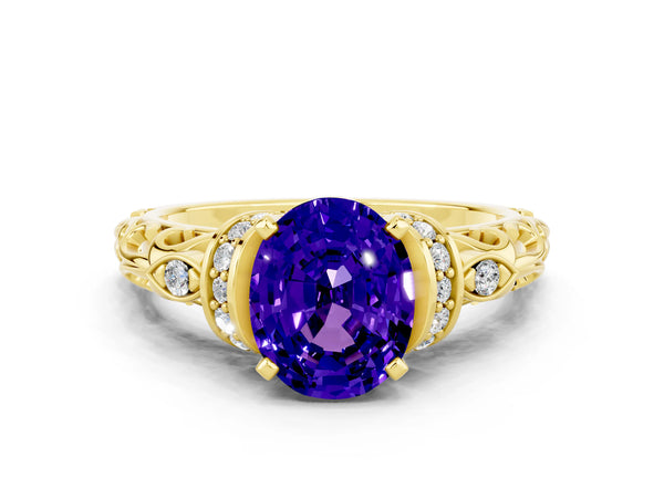 Yellow gold Oval Cut Tanzanite Solitaire Ring with Filigree Band and Four-Prong Setting