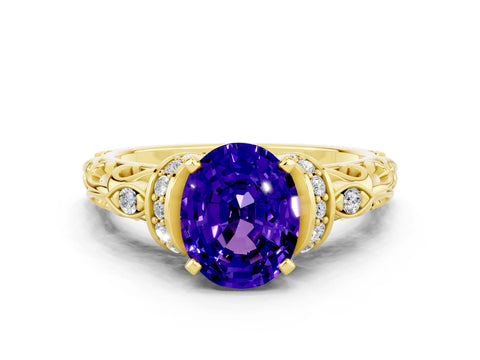Yellow gold Oval Cut Tanzanite Solitaire Ring with Filigree Band and Four-Prong Setting_24
