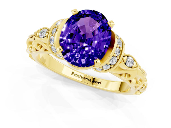 Yellow gold Oval Cut Tanzanite Solitaire Ring with Filigree Band and Four-Prong Setting