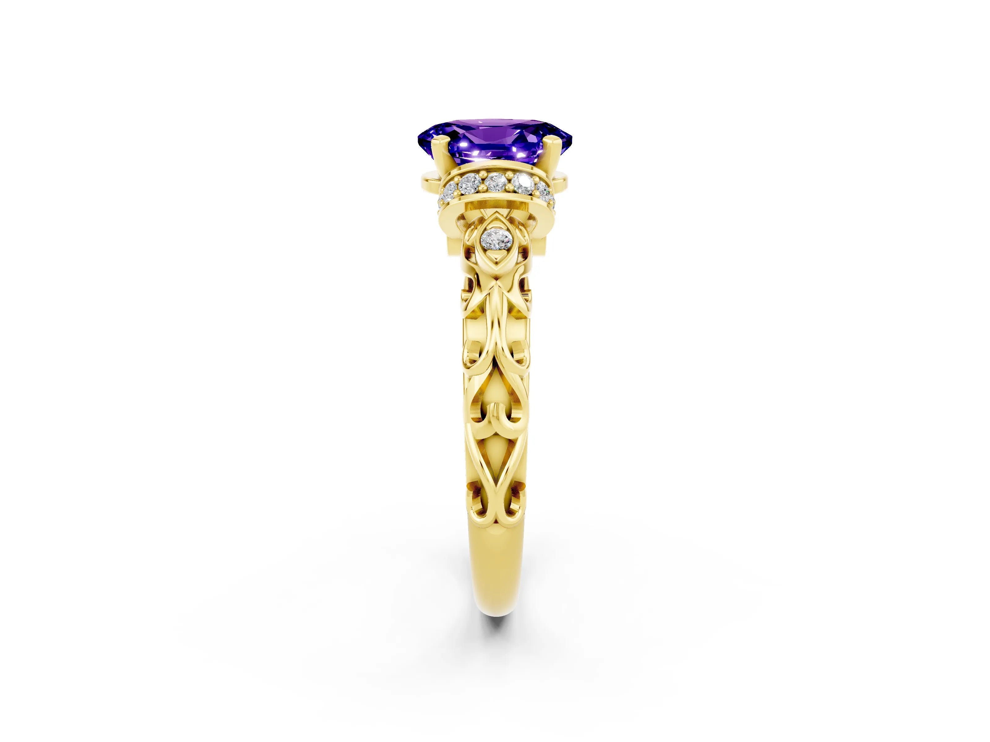 Yellow gold Oval Cut Tanzanite Solitaire Ring with Filigree Band and Four-Prong Setting_26