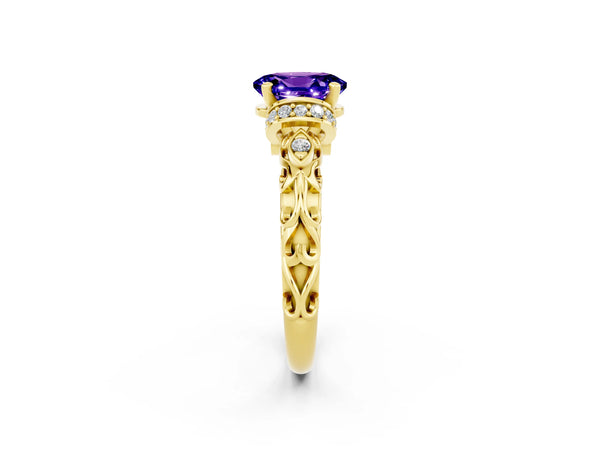 Yellow gold Oval Cut Tanzanite Solitaire Ring with Filigree Band and Four-Prong Setting