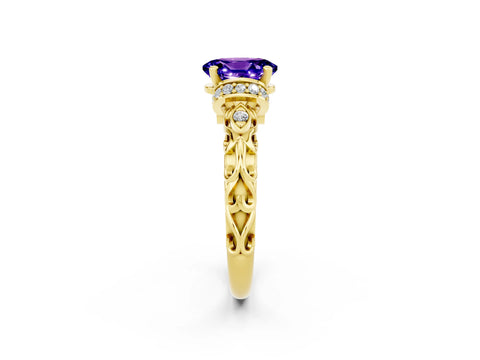Yellow gold Oval Cut Tanzanite Solitaire Ring with Filigree Band and Four-Prong Setting_26