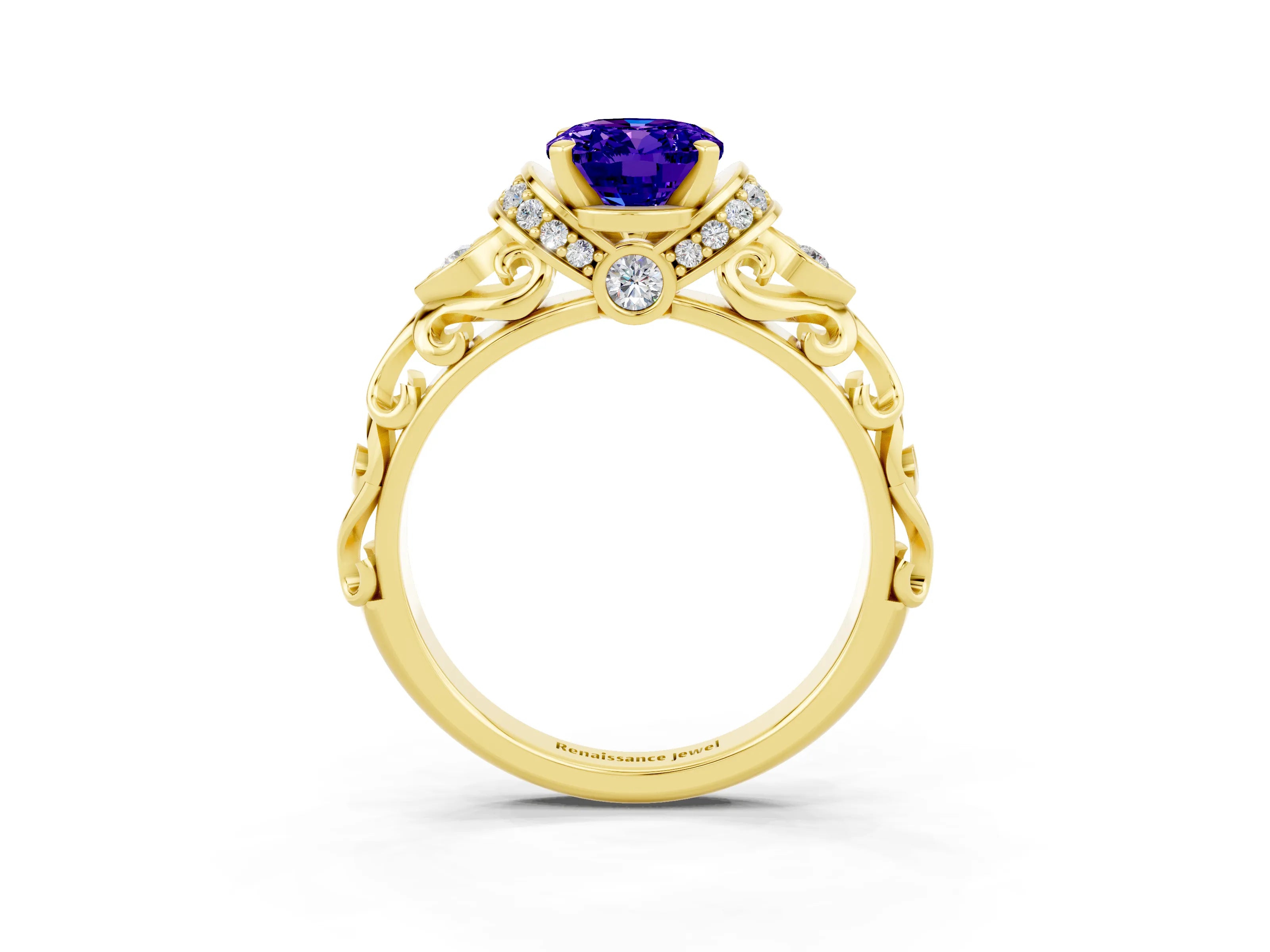 Yellow gold Oval Cut Tanzanite Solitaire Ring with Filigree Band and Four-Prong Setting_27