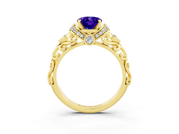 Yellow gold Oval Cut Tanzanite Solitaire Ring with Filigree Band and Four-Prong Setting